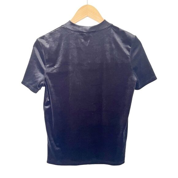 Zara Trafaluc Black Velvet Short‎ Sleeve Mock Neck T-Shirt - Picture 3 of 7